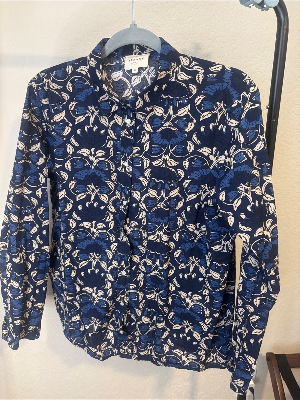 Sezane Navy and White Floral Button-Down Shirt